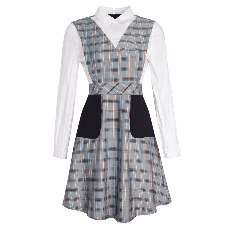 晚白女裙装2019春季新品减龄假两件翻领灯笼袖格纹A字大摆连衣裙