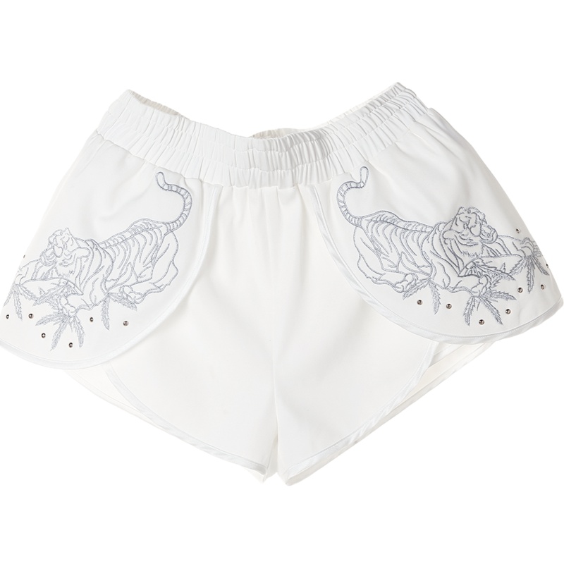 裂帛宽松阔腿休闲短裤新款松紧腰老虎刺绣直筒百搭白色