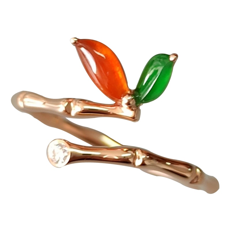 缘源珠宝 翡翠戒指 竹节款 18K玫瑰金镶嵌 女款 活口可自由调节 附有证书