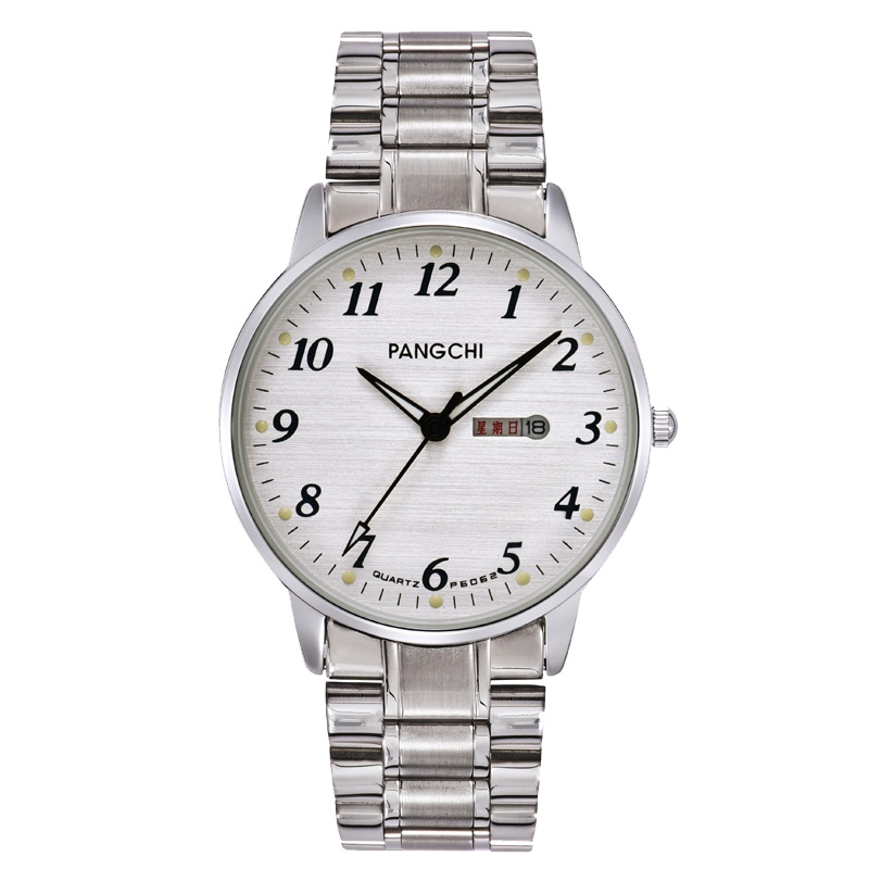 新款鹏志男士手表 星期日历中老年人石英表防水 实心精钢带夜光女手表P6062