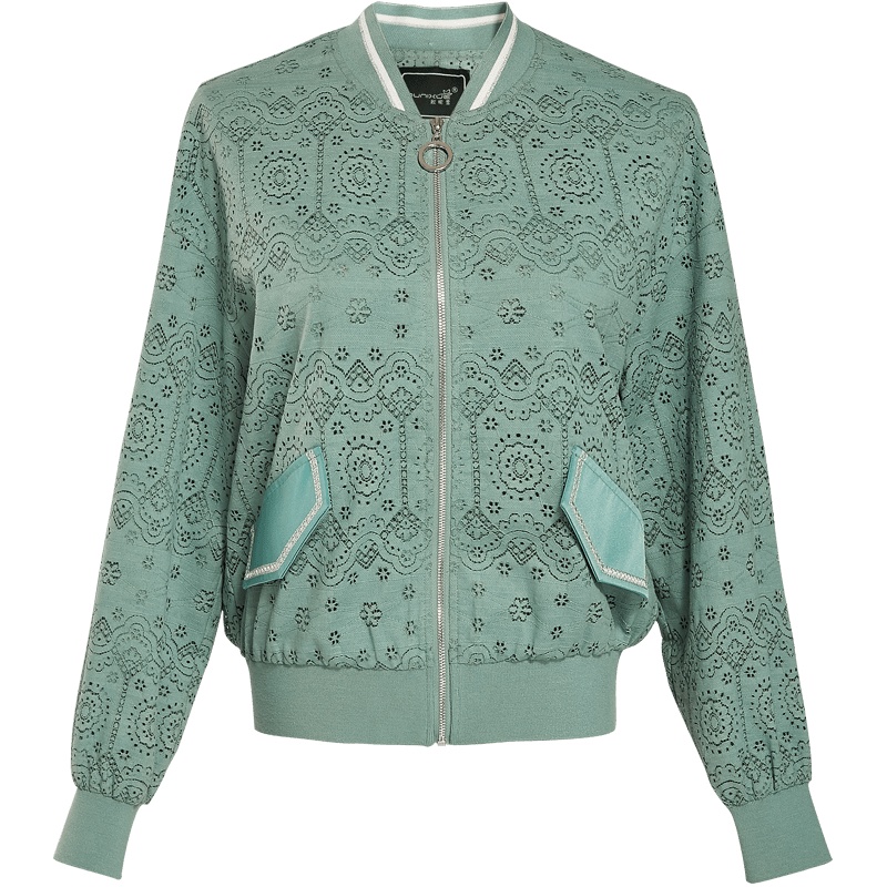 欧昵雪V领宽松镂空蕾丝短外套女显瘦棒球服夹克上衣