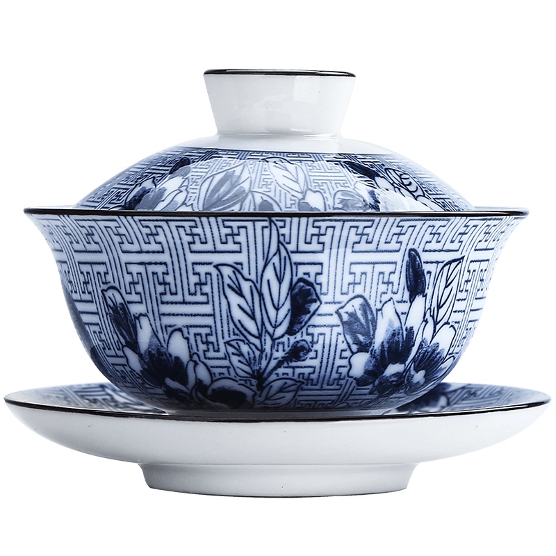 領藝 青花盖碗茶杯大号家用陶瓷三才泡茶碗功夫景德镇风格茶具 万福盖碗