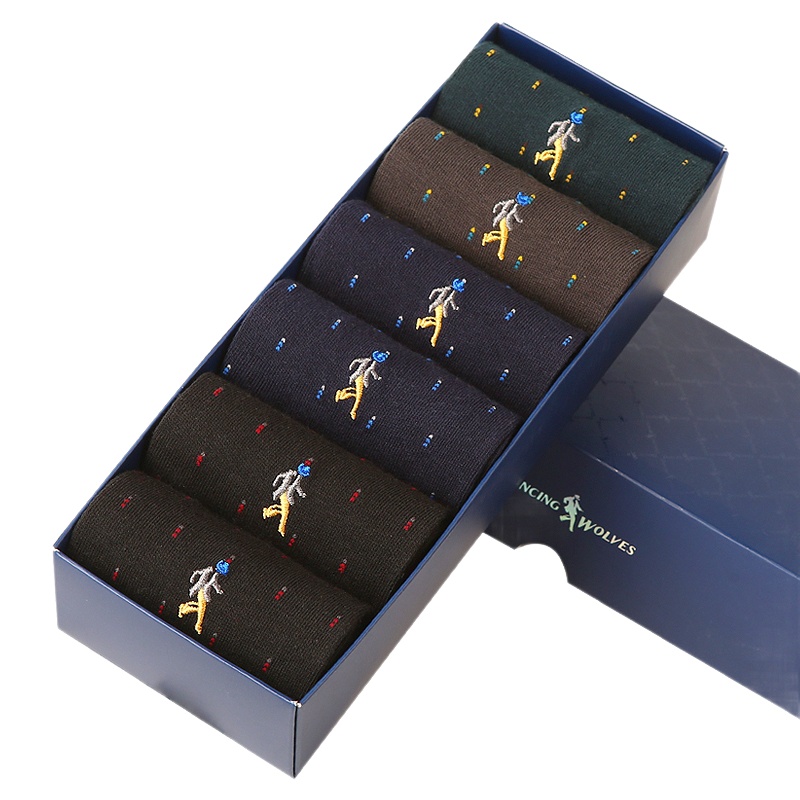 与狼共舞袜子 男士薄款网眼休闲棉袜 透气中筒男袜 六双盒装