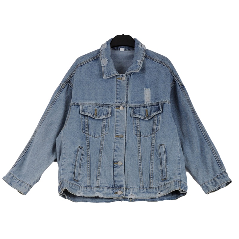 拉夏贝尔Laetia 2021春装新款韩版宽松破洞重工刺绣牛仔外套女