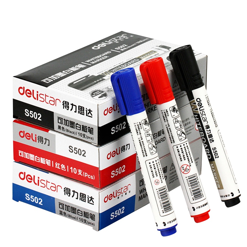 得力deli白板笔S502可擦可加墨水黑/红/蓝多色液体粉笔会议办公易擦2mm10支装墨水S630