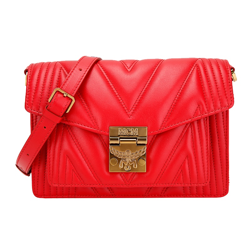 MCM 奢侈品 欧美时尚本命年红色婚包女士纯色皮革单肩斜挎包风琴包 MWR9APA86RU001礼物
