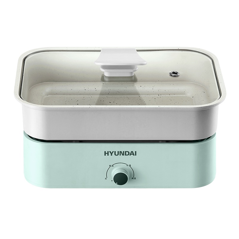 韩国现代(HYUNDAI)电热火锅多功能料理锅1.2L家用早餐电烧烤肉锅网红分体电煮锅QC-HG1337 青薄荷 标配
