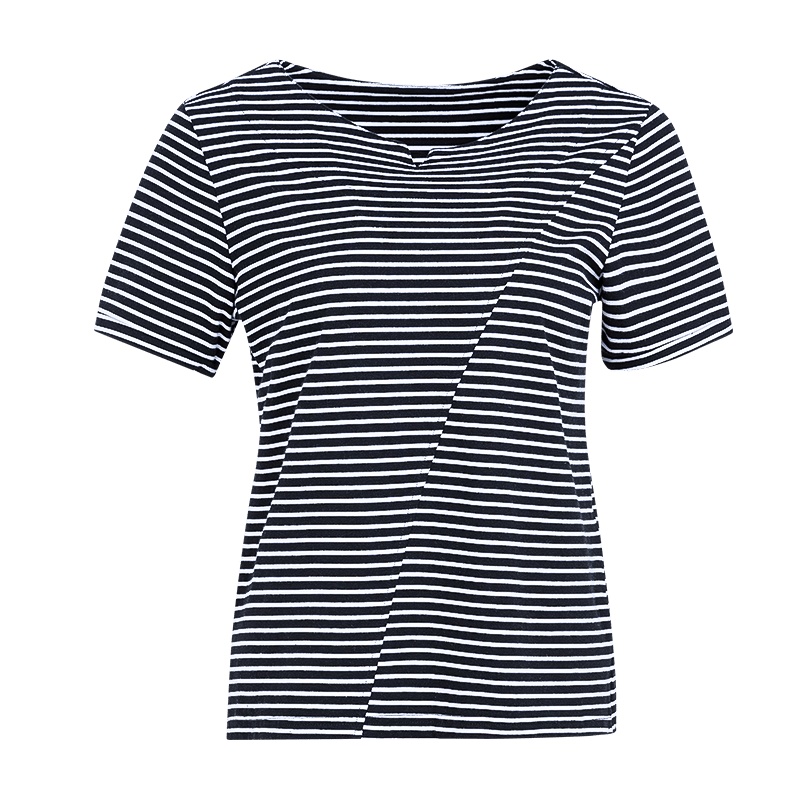 晚白 新品时尚休闲百搭条纹宽松常规圆领短袖T恤衫上衣女