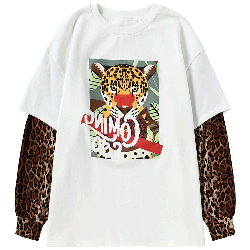 马克华菲女装2020春假两件长袖T恤女老虎头豹纹街头风T恤上衣