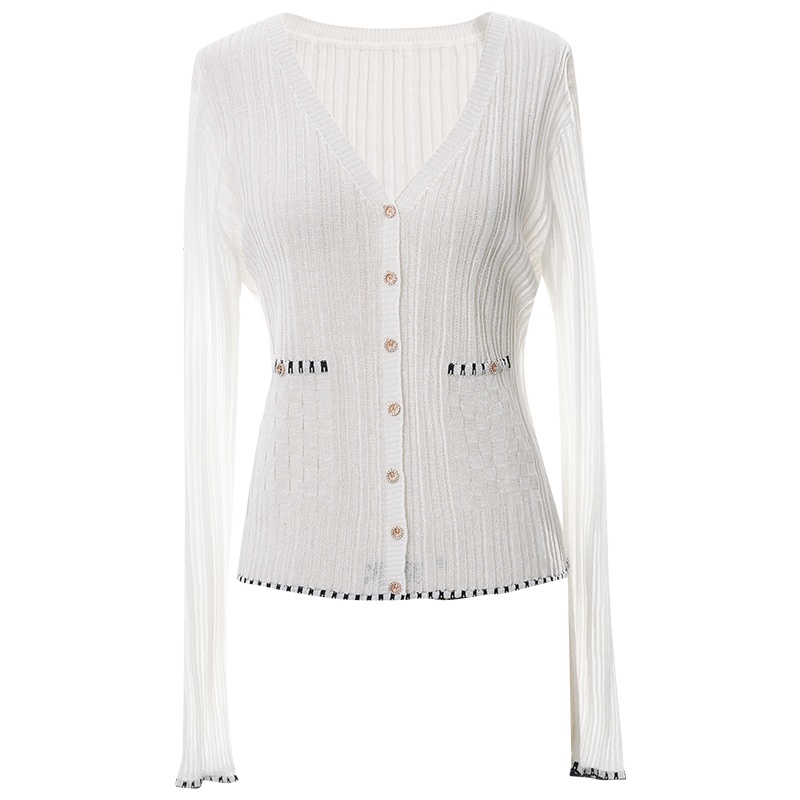 欧昵雪针织衫女年夏季长袖V领薄款开衫外套空调衫防晒衣