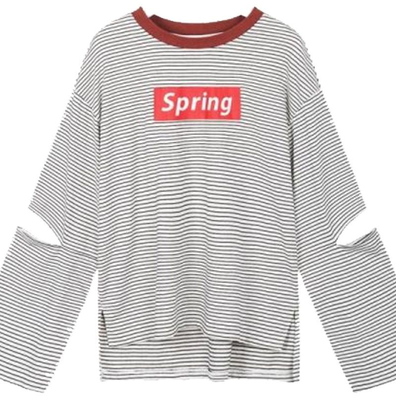 【热卖】7m拉夏贝尔旗下品牌7M韩版宽松秋条纹印花字母内搭破洞打底衫T恤72000453