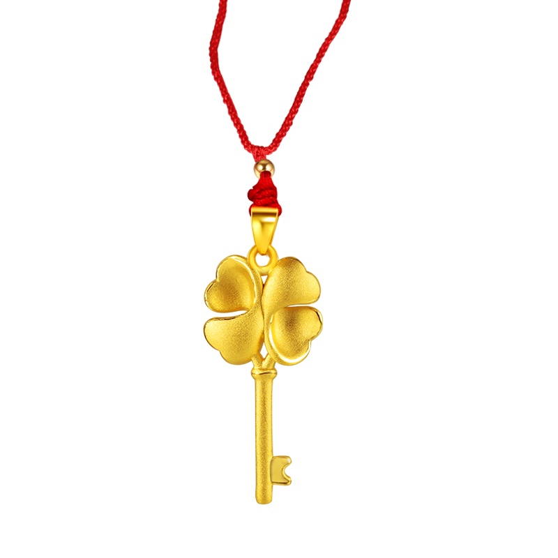 黄金码头3D硬金四叶心形钥匙吊坠女足金999精品项链女友表白求爱