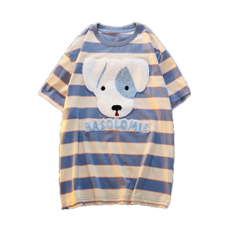 晗亦然可爱小狗条纹短袖学生宽松bf短袖T恤女上衣91510