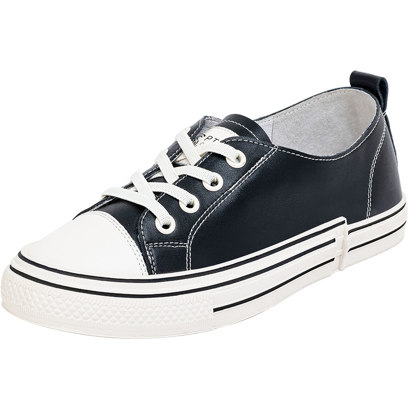 百田森春季新款真皮板鞋女平底帆布鞋女韩版百搭休闲系带单鞋