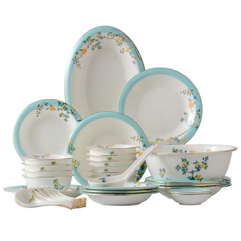 米兰度（Milandu）10人食35头中式创意高档骨质瓷餐具套装碗碟盘勺日用乔迁送礼礼盒装 西湖峰宴系列餐具套装35头