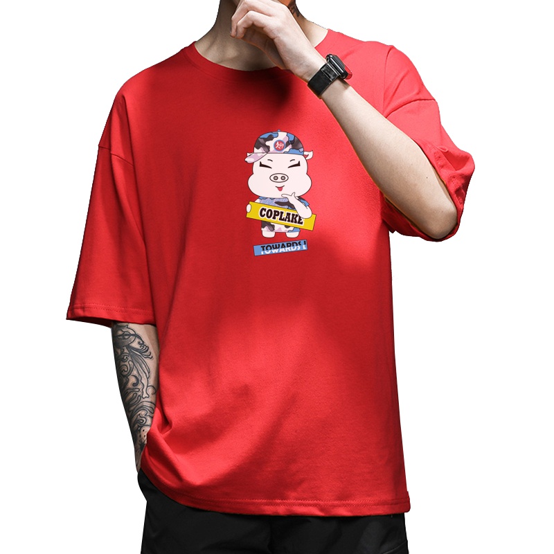 IKOPPOI 2019夏季新款男士纯棉短袖t恤宽松五分袖上衣印花潮牌 TX900-4