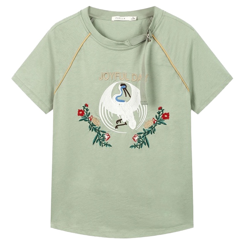 【专柜同款】拉夏贝尔刺绣短袖T恤女夏新款韩版学生ins百搭甜美休闲显瘦上衣潮20011953 豆绿 S