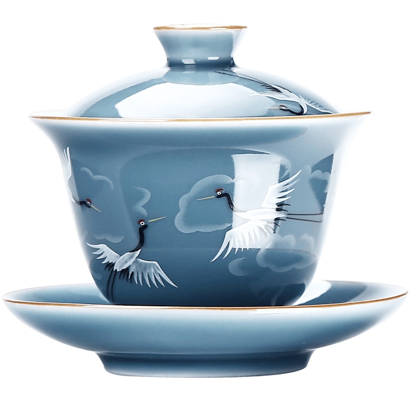 领艺日式盖碗茶杯大号家用三才茶碗单个景德镇手绘风格功夫茶具陶瓷泡茶器 仙鹤盖碗