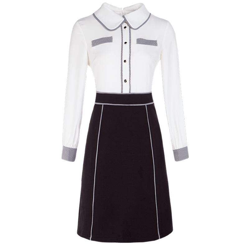 晩白 新品通勤假两件翻领长袖收腰显瘦A字裙衬衫连衣裙女