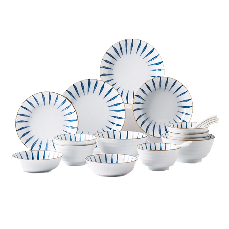 亿嘉IJARL 碗具套装日式餐具碗盘碟筷创意陶瓷碗个性网红家用餐具兰草20件套