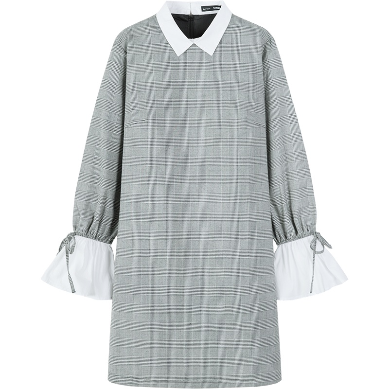 Semir森马英伦格子连衣裙女撞色翻领喇叭袖初恋裙气质小香风女神范裙子