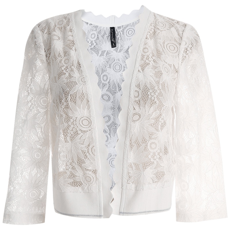 欧昵雪夏季V领七分袖短款蕾丝开衫外套女外搭防晒空调衫
