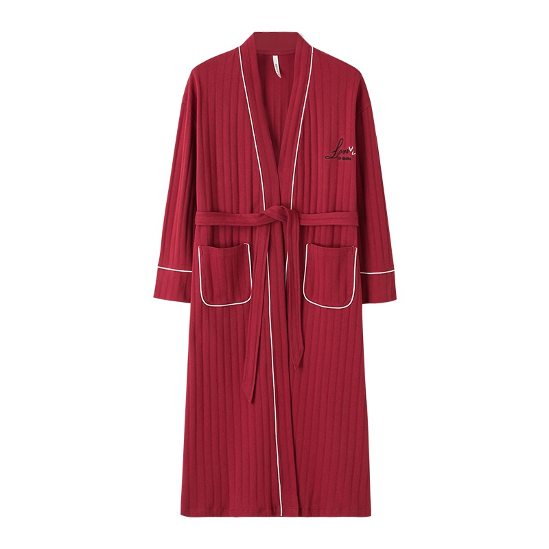 安之伴情侣睡衣女秋睡袍棉质长袖日式条纹宽松系带浴袍男居家居服