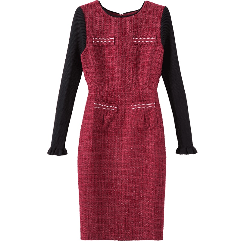 晚白2021春季新品修身显瘦拼色针织长袖包臀裙时尚百搭连衣裙女