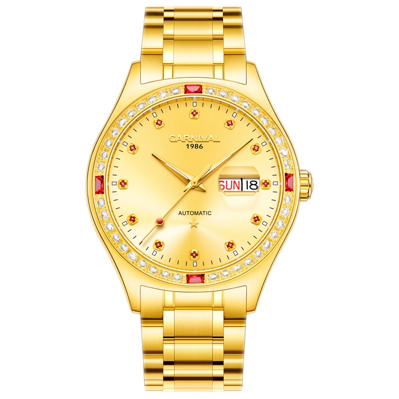 瑞士品牌嘉年华Carnival时尚金色男士手表全金自动机械表 男表双日历进口Miyota机芯腕表防水镶水钻夜光8889G