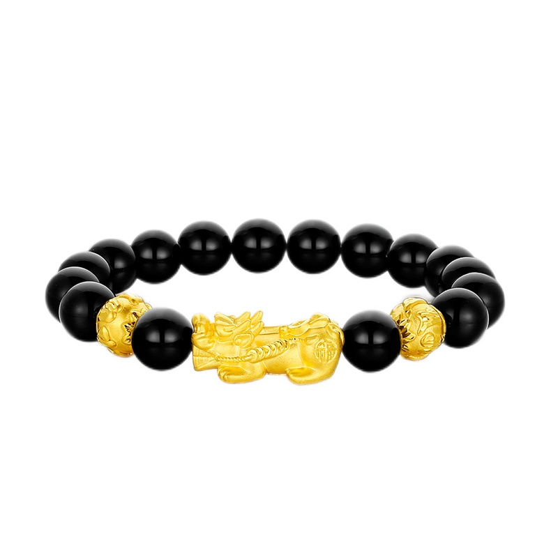 GZUAN古钻珠宝 足金黄金黑曜石貔貅手链男士3D硬金足金貔貅 YJS0011