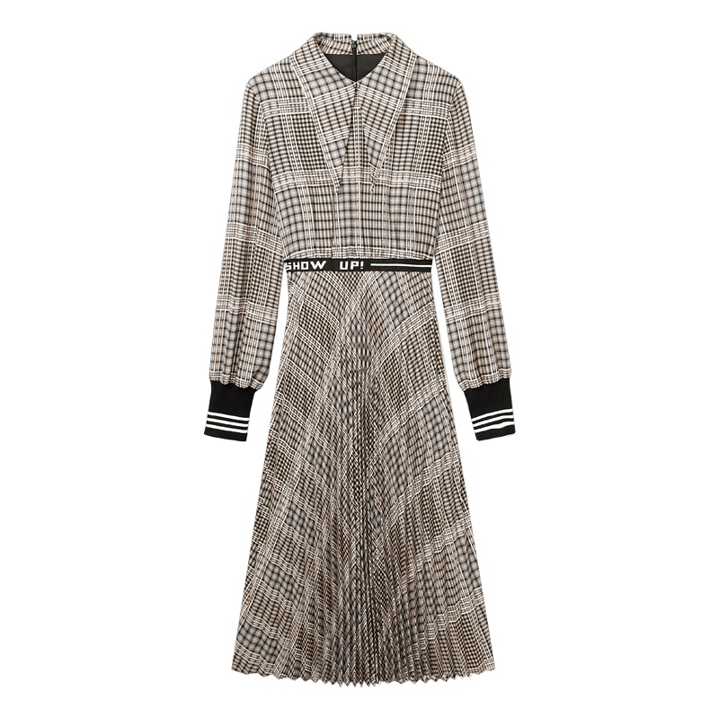2019爱居兔秋季女装英伦风撞色格纹长款连衣裙