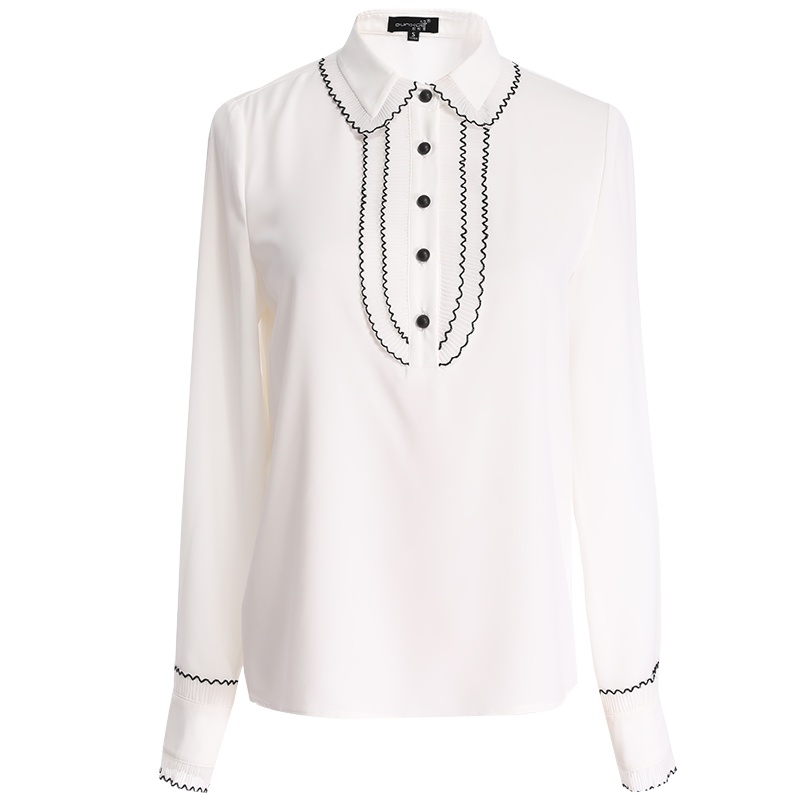 欧昵雪通勤气质翻领压皱雪纺长袖套头衬衫女白色衬衣