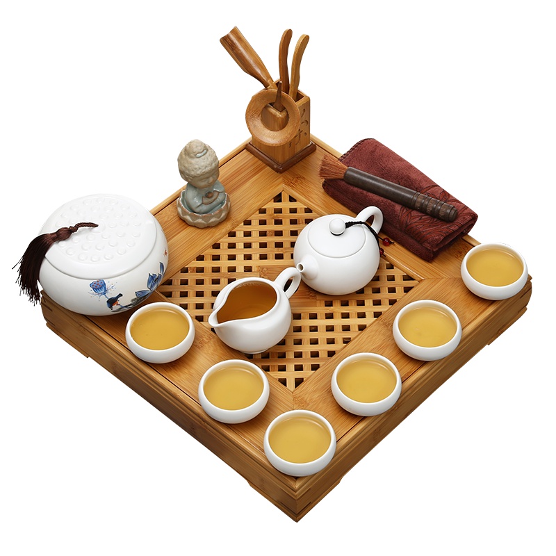 常生源 功夫茶具套装 竹木茶盘 陶瓷茶具 定窑茶壶茶杯 志在四方月白套装