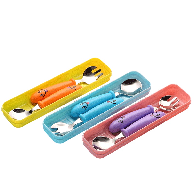 开优米可爱304儿童餐具不锈钢卡通勺子叉子便携式套装宝宝辅食餐具紫色