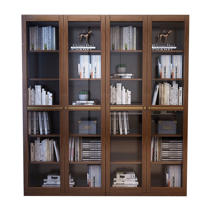 一米色彩693 简约现代实木书柜组合玻璃门靠墙置地柜办公文件柜平开门书架储物柜子