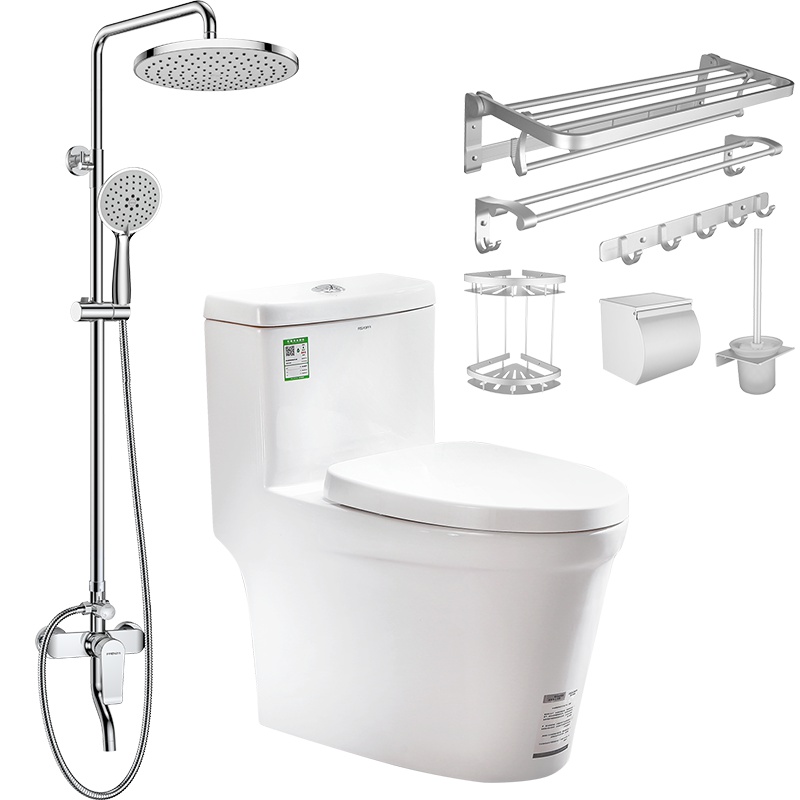 法恩莎马桶 浴室套装马桶缓降盖板节水地排连体式坐便器 浴室淋浴花洒套装 太空铝浴室挂件6件套 浴室组合三件套