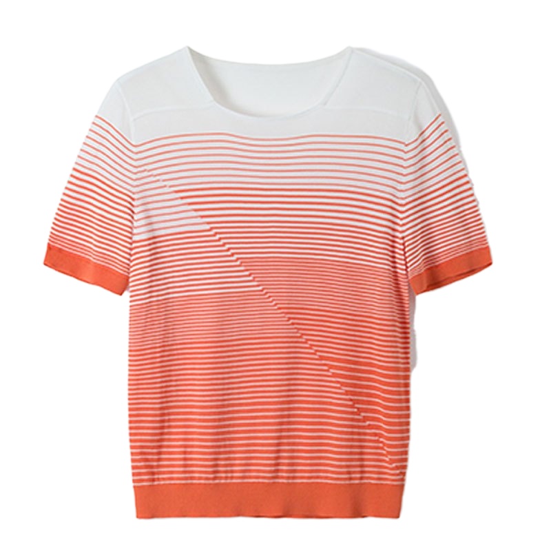 晗亦然2021夏装新款时尚美得不动声色宽松圆领条纹短袖T恤女透气针织上衣168