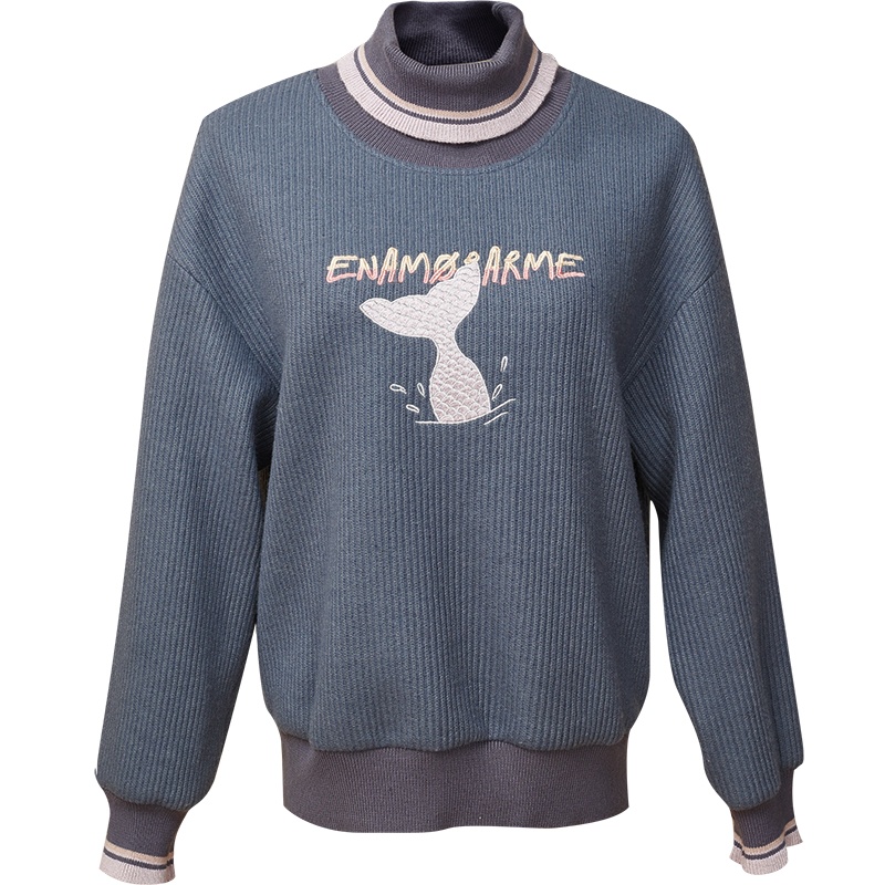 欧昵雪冬装半高领字母绣花宽松条纹卫衣女长袖套头上衣