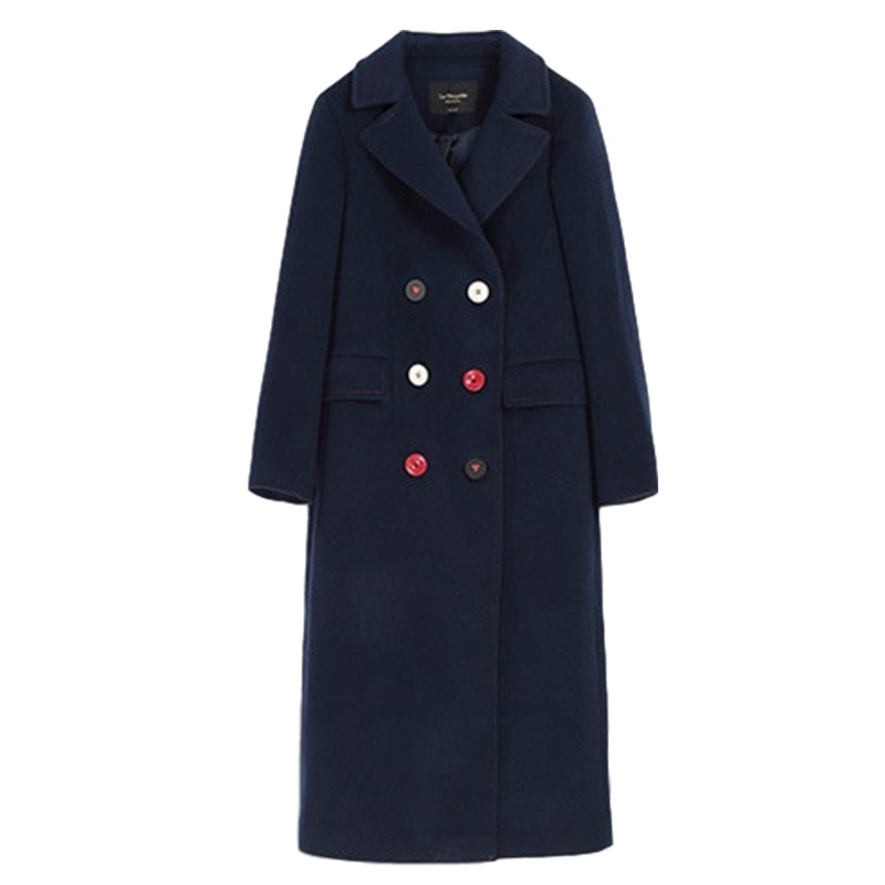 拉夏贝尔秋冬女气质西装领双排扣时尚流行长款羊毛毛呢大衣