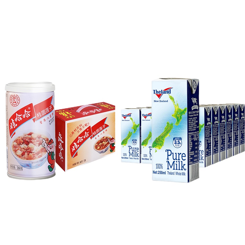 食品套装娃哈哈桂圆莲子八宝粥360g*12罐整箱装+新西兰进口牛奶250ml*24盒整箱装