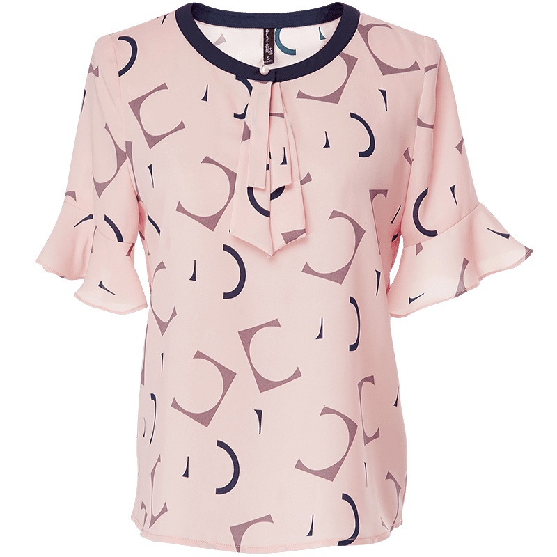 欧昵雪飘带钉珠花色喇叭短袖宽松上衣女洋气时尚小衫