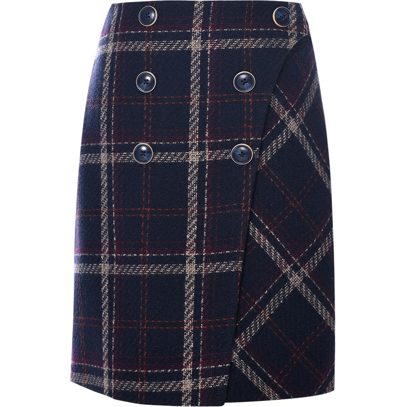 欧昵雪冬装英伦风高腰格纹半身裙女显瘦毛呢包臀a字短裙