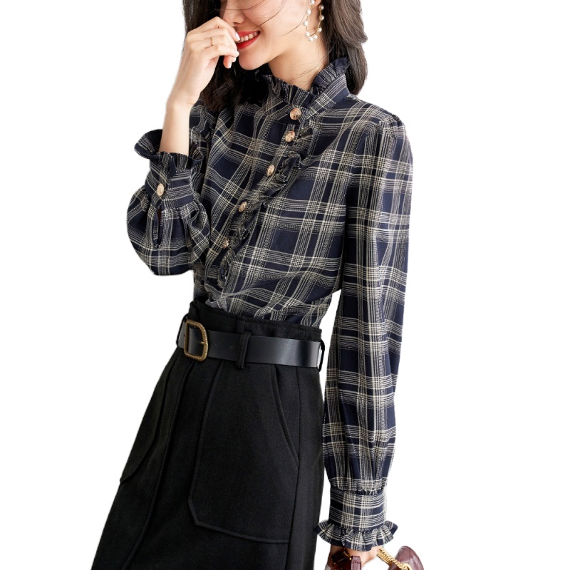 复古格子立领衬衫女设计感小众木耳边灯笼袖上衣2021春装新款