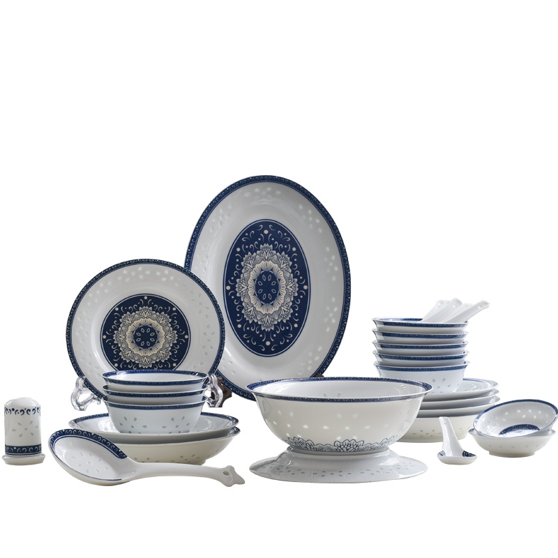 古镇陶瓷景德镇碗碟套装餐具中式玲珑结婚礼盒青花瓷家用套碗盘装30头餐具出水芙蓉