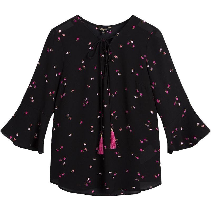 【专柜同款】荷叶袖上衣夏装新款女遮肚子雪纺衫洋气小衫复古温柔风上衣夏30081491