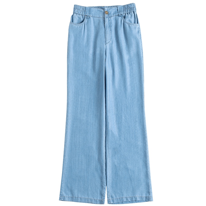 恒源祥天丝牛仔裤女薄款春夏蓝色松紧高腰阔腿裤休闲拖地长裤