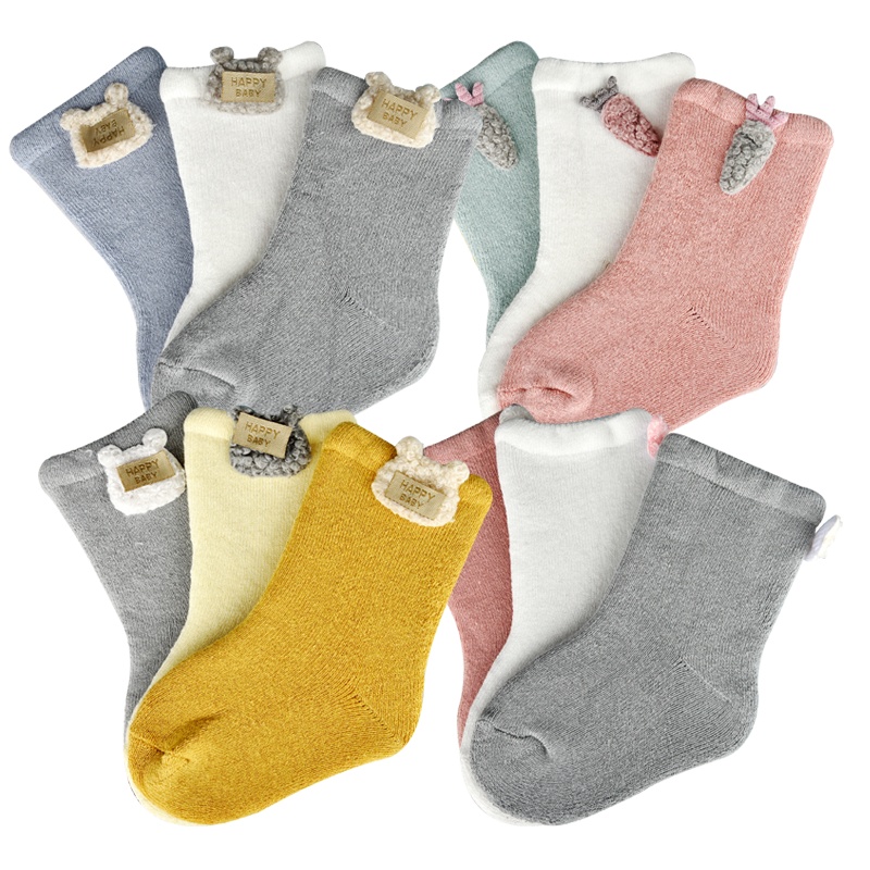 3双装儿童中筒袜毛圈袜加厚款秋冬婴儿袜宝宝袜子地板袜
