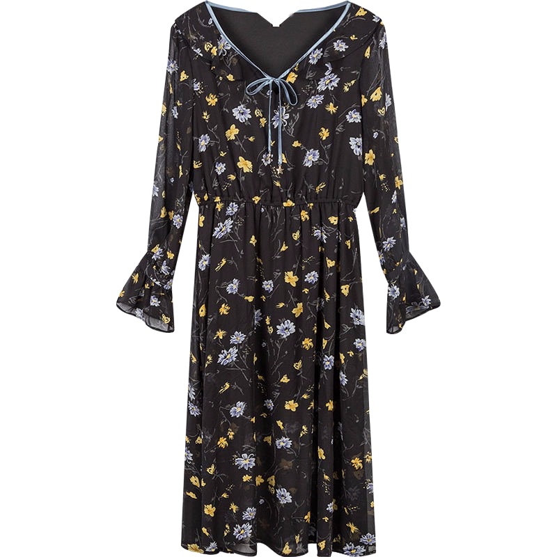 拉夏贝尔夏季新连衣裙女款7Modifier莫丽菲尔韩版雪纺中长夏季女装新款气质款宽松长袖碎花连衣裙女72000249