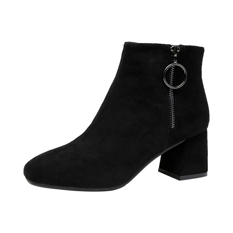 PLAYBOY/花花公子冬季加绒休闲简约纯色侧拉链设计圆头粗跟时尚高跟短靴女G12999240