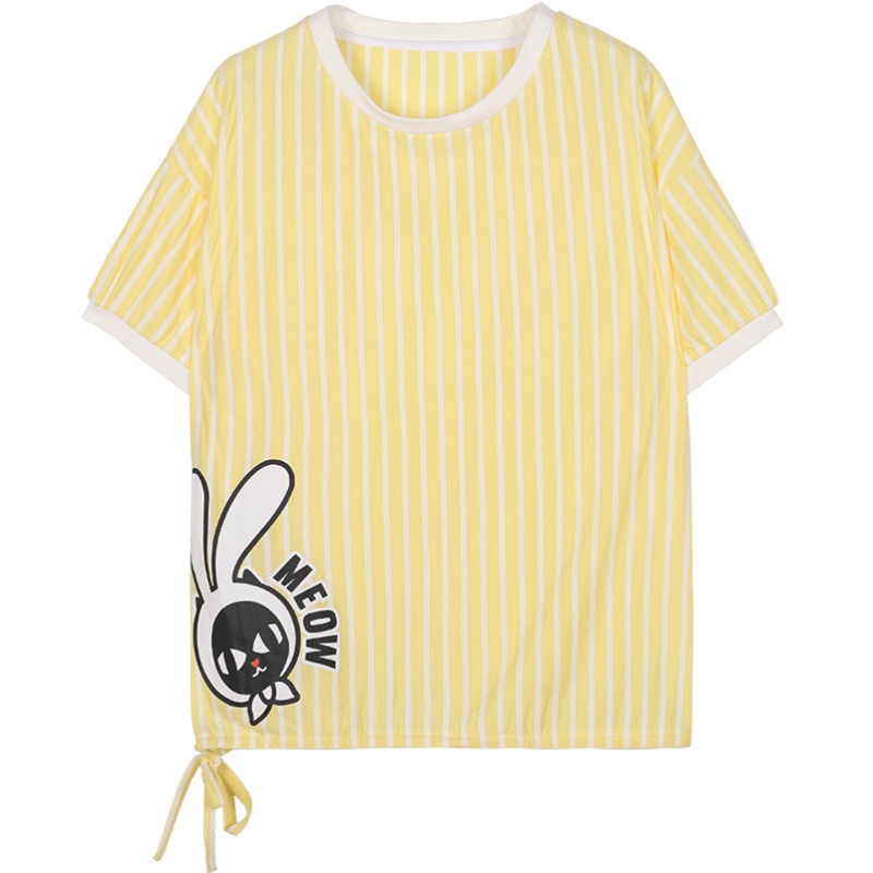 a02新款2020少女卡通印花抽绳收腰条纹短袖T恤女DTV2C0441KT